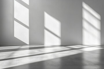 Obraz premium Sunlit minimalist room with concrete floor, showcasing interplay of light and shadow.