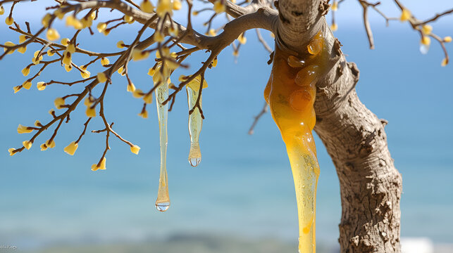 Mastic gum resin flows from the mastic tree. Chios island - Greece