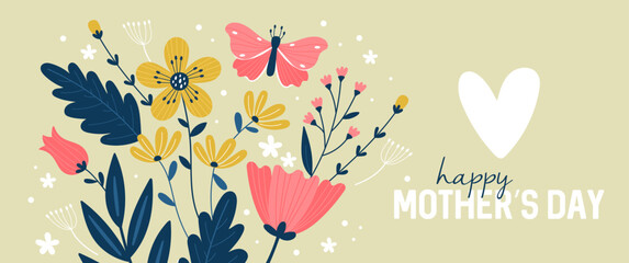 Mother's day background with cute flowers. Template print for greeting card, banner and poster