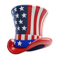 patriotic american flag top hat with stars and stripes isolated on white, transparent background png , 3D rendering