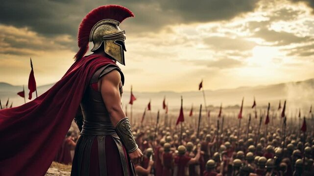 Spartan General Stands Before His Army Ready For Battle in Ancient Greece