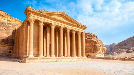 Fototapeta premium Majestic Sandstone Temple in Dese Historical Architecture Desert Landscape Awe-Inspiring View Ancient Civilization