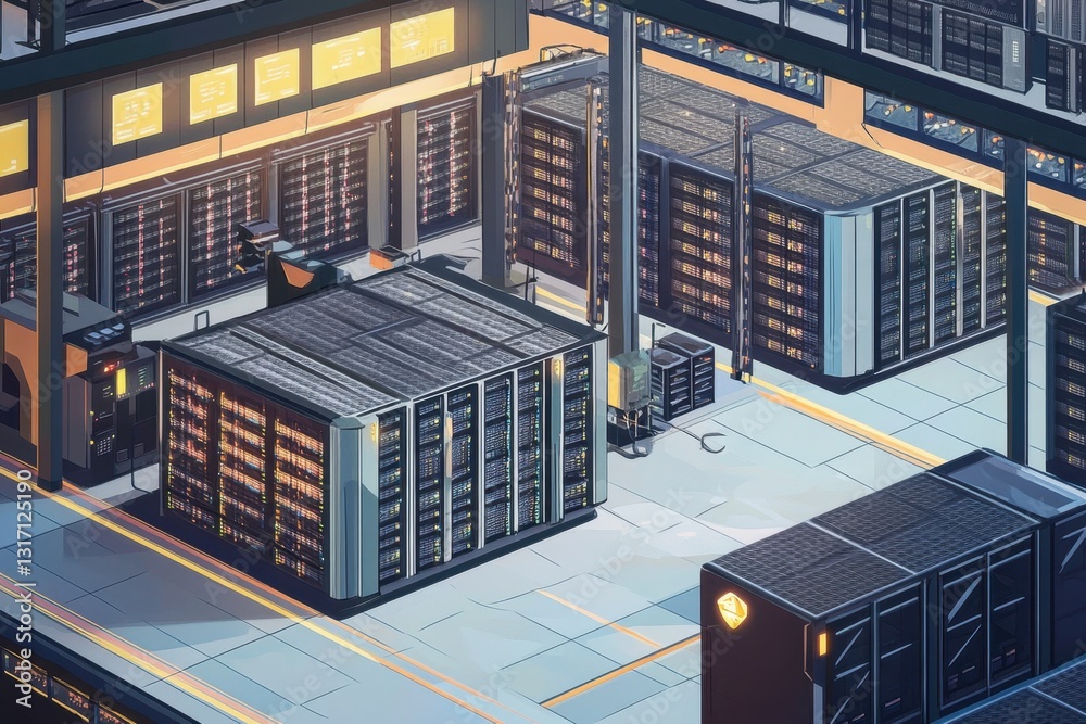 Poster isometric view of a secure data center design an isometric illustration of a secure data center with