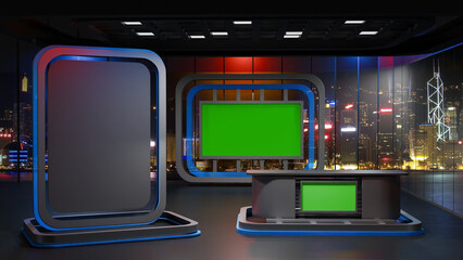 Obraz premium 3D Virtual TV Studio News, Backdrop For TV Shows .TV On Wall.3D Virtual News Studio Background,3d illustration