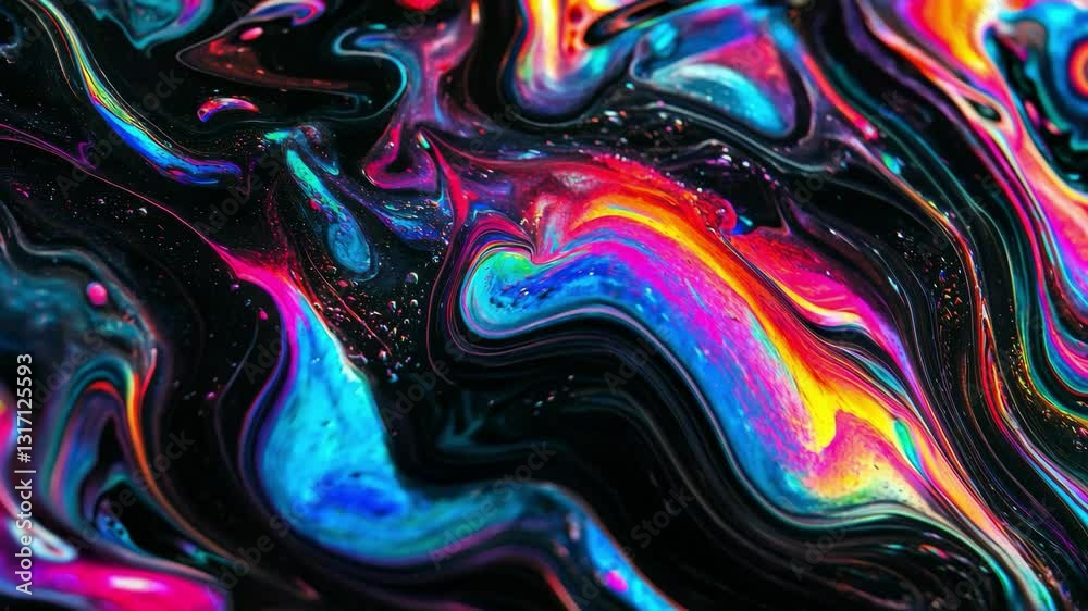 Poster abstract psychedelic fluid art with vivid neon swirls and dark background. modern art concept