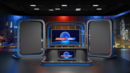 3D Virtual TV Studio News, Backdrop For TV Shows .TV On Wall.3D Virtual News Studio Background,3d illustration