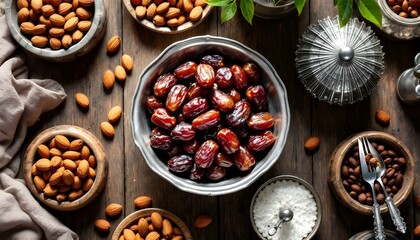 Dates in a silver bowl surrounded by almonds in silver bowls, with decorative silver containers on a wooden table