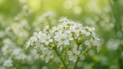 Delicate White Flowers Blooming in a Green Field with Soft Sunlight and Bokeh Background