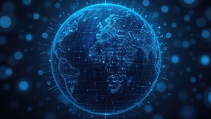 Obraz premium Digital Representation of a Global Network Over Earth with Geometric Patterns and Blue Lights
