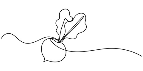 Vector continuous one single line drawing icon of beetroot with leaf in silhouette on a white background. Linear stylized, Beetroot in continuous line art drawing style. Garden beet black linear style