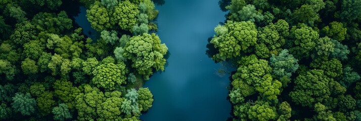 Naklejka premium Scenic Aerial View of a Serene River Surrounded by Lush Green Trees and Vegetation