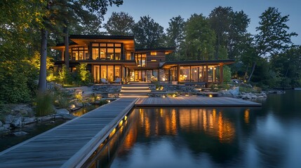 Obraz premium A dreamlike lakeside retreat where glowing docks and radiant reflections inspire chic lifestyle outfits