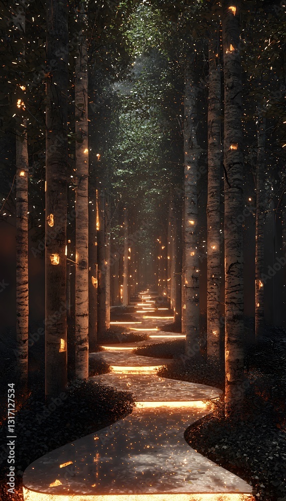 Poster a conceptual forest runway where glowing trees and radiant pathways create a magical scene for avant