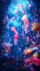 A dreamlike underwater garden where glowing coral and radiant jellyfish complement oceanic resort fashion