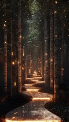 Obraz premium A conceptual forest runway where glowing trees and radiant pathways create a magical scene for avant-garde fashion