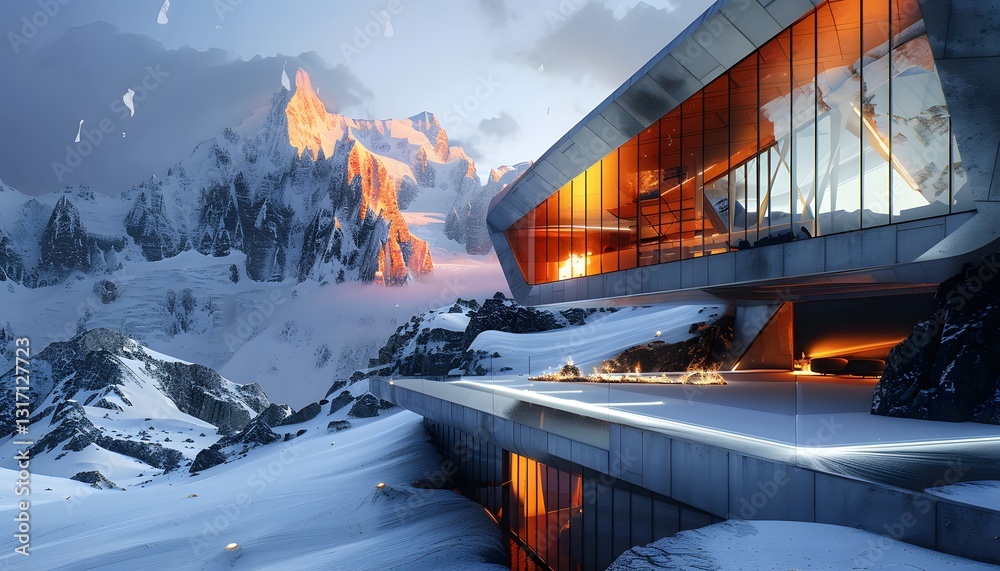 Poster a surreal mountain lodge where glowing windows and radiant pathways create a luxurious backdrop for 