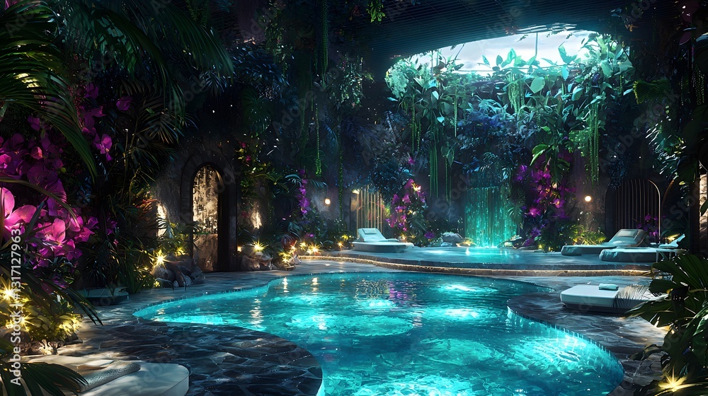 Poster a conceptual rainforest spa where glowing pools and radiant floral patterns frame flowing resort-sty