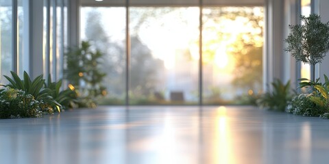 Fototapeta premium Elegant sunlit corridor in modern building with greenery, creating a serene atmosphere at dawn