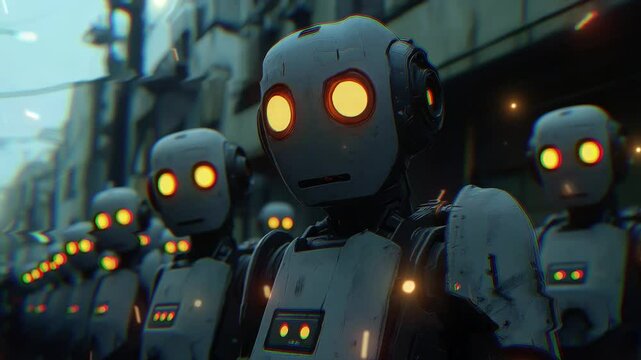 Robots strategize an audacious escape from their confines in a futuristic urban setting