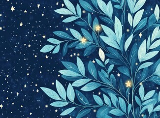 Night sky with glowing teal leaves and stars.