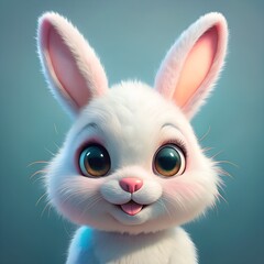 Cute Kawaii Fluffy White Bunny with Big Eyes and Pink Nose