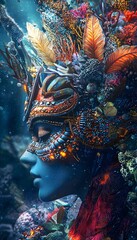 A conceptual underwater temple where glowing coral and radiant tribal masks create a mystical backdrop for fashion