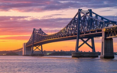 Obraz premium Mississippi River, Sunrise over a modern steel bridge over water