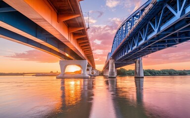 Fototapeta premium Mississippi River, Two Bridges Over River at Sunset