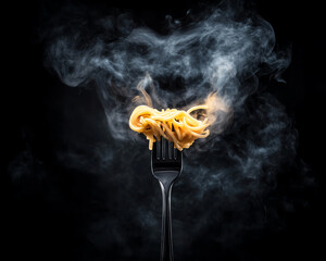 A fork with steaming pasta elevating culinary art.