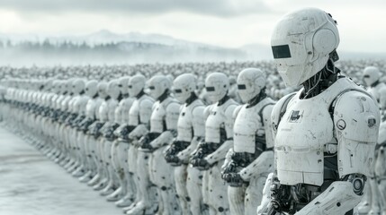 Digital ai network of robots in systematic formation futuristic landscape cinematic perspective data-driven concepts