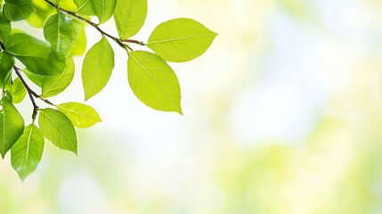 Bright Green Leaves on Branch, Soft Focus Background