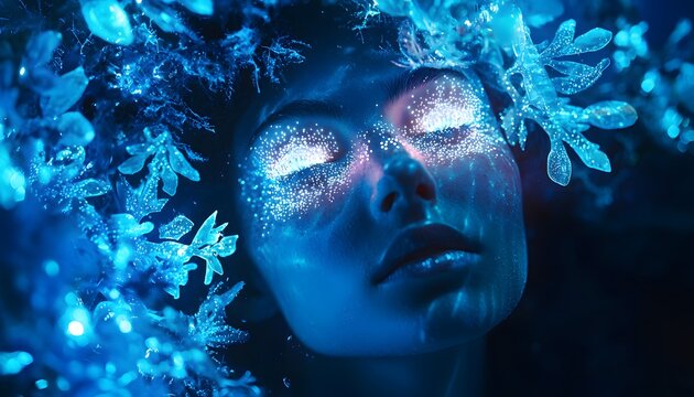 A conceptual underwater shoot where glowing coral and radiant bioluminescent creatures complement futuristic oceanic fashion