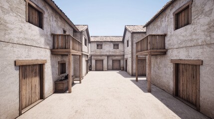 Rustic Village Square with Simple Stone Buildings and Plank Balconies