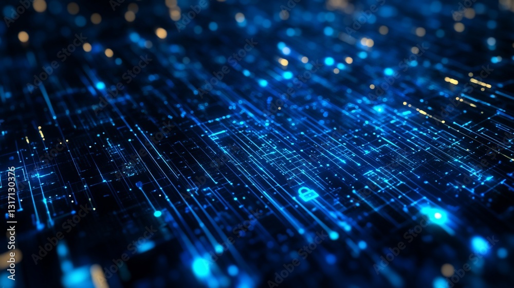 Poster abstract digital data flow network technology: glowing blue lines and secure encryption