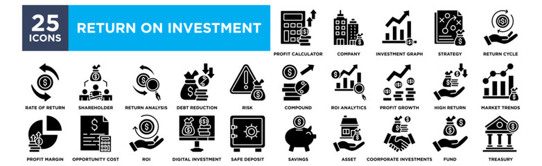 Return on Investment icon collection set. Containing design profit calculator,company,investment graph,strategy,return cycle





