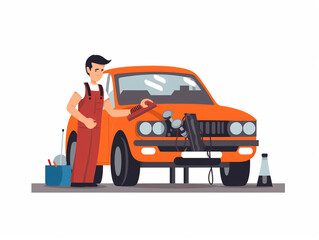 A mechanic is working on a car in the car workshop. Tools and equipment are nearby, indicating a repair or maintenance task.
