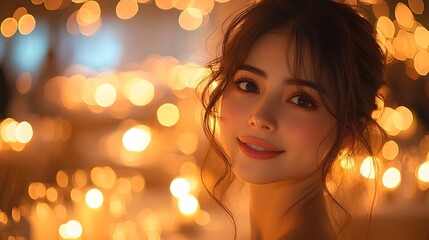 Fototapeta premium Serene and Glowing Portrait of an Elegant Event Planner in a Dimly Lit Banquet Hall with Fairy Lights and Tablescape