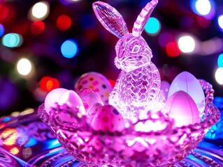 Fototapeta premium Playful Easter Bunny and Colorful Eggs Decor: Vibrant Springtime Celebration with Crystal Centerpiece
