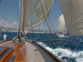 Obraz premium Summer Sailing Adventure on the Ocean: Nautical Exploration and Yachting in a Sunny Coastal Regatta