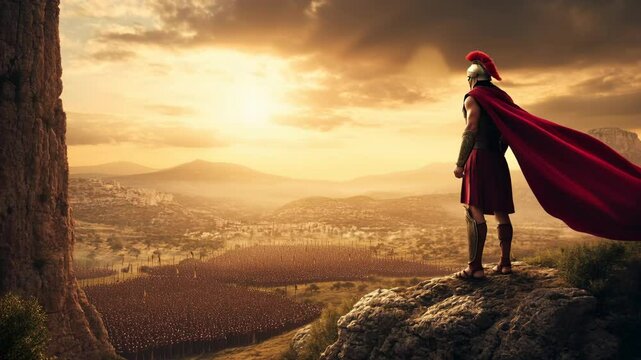 Spartan General Overlooks His Army in a Vast Valley at Sunset: A Scene of Courage, Leadership, and Ancient Greek Glory