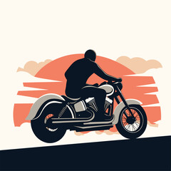Fototapeta premium A minimal and dynamic design with the silhouette of a man riding a chopper towards the sunset