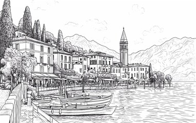 Coloring page: Beautiful view of the village on Lake Como with boats, white background, clean line art