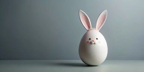 Obraz premium A whimsical white egg transformed into an adorable bunny, complete with charming pink ears and delicate facial features, sits on a serene pale surface against a muted backdrop.