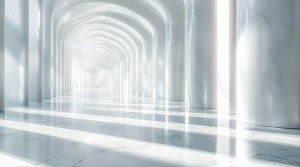Fototapeta premium Light shining through a long columned hallway, creating soft shadows and a peaceful atmosphere, concept of architecture and interior design, white background 