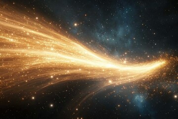 Obraz premium A cosmic stream of golden light and stardust streaks across the dark expanse of space, studded with distant stars.