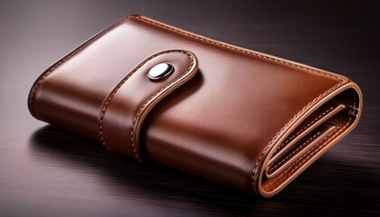 a sleek brown leather wallet with a snap closure showcasing a smooth texture and a compact design
