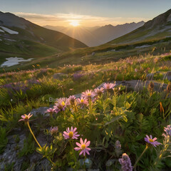 Mountain Meadow Sunset: A breathtaking view of a mountain meadow bathed in the warm glow of a setting sun, with vibrant wildflowers, rolling hills, and majestic peaks in the distance.