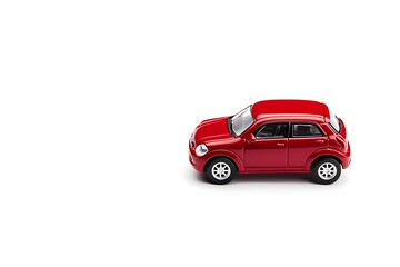 A vibrant red toy car positioned to the right on a minimalist white background.