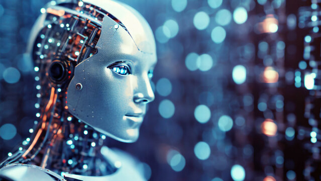 3d rendering robot artificial intelligence cyborg with colorful bokeh background