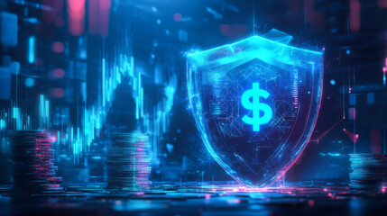 Digital shield symbolizing financial security amidst technology and market trends in a futuristic environment